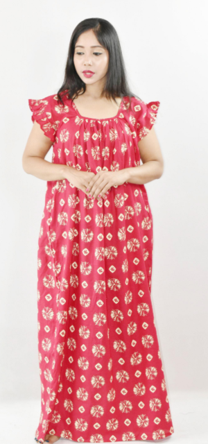 Bdrox Cotton Pink Maxi Nighty Square Neck Short Sleeves with pleats