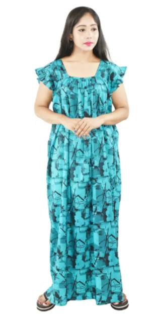 Bdrox Cotton Sky Blue Maxi Nighty Square Neck Short Sleeves with pleats