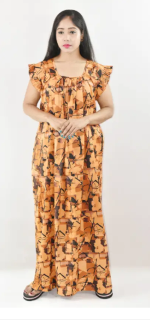 Bdrox Cotton Yellow Maxi Nighty Square Neck Short Sleeves with pleats