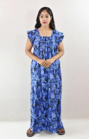Bdrox Cotton Blue Maxi Nighty Square Neck Short Sleeves with pleats