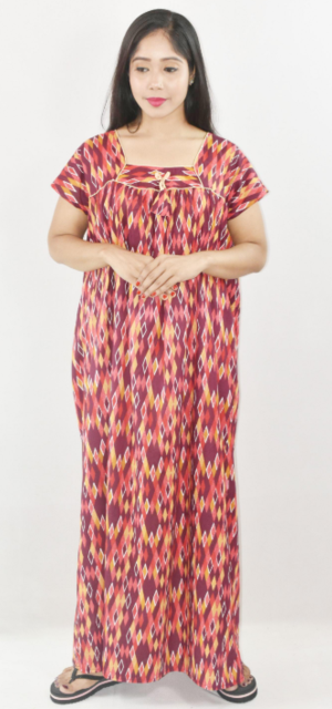 Bdrox Cotton Red Maxi Nighty Square Neck Short Sleeve With Pipien