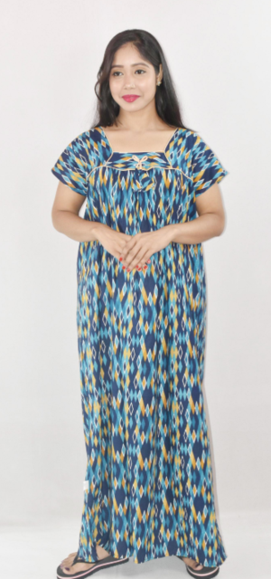 Bdrox Cotton Blue Maxi Nighty Square Neck Short Sleeve With Pipien