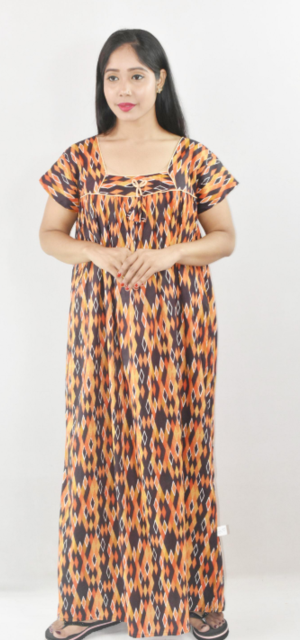 Bdrox Cotton Yellow Maxi Nighty Square Neck Short Sleeve With Pipien