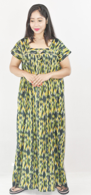 Bdrox Cotton Green Maxi Nighty Square Neck Short Sleeve With Pipien