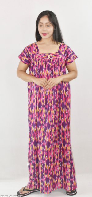 Bdrox Cotton Purple Maxi Nighty Square Neck Short Sleeve With Pipien