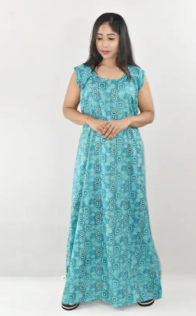 Bdrox Cotton Light Blue Maxi Nighty Round Neck & Sleeveless