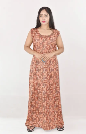 Bdrox Cotton Brown Maxi Nighty Round Neck & Sleeveless