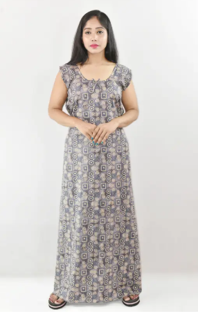 Bdrox Cotton Grey Maxi Nighty Round Neck & Sleeveless