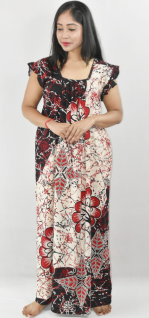 BDROX Black Maxi Nighty Square Neck Short Sleeves with pleats