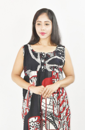 BDROX Black Cotton Maxi Nighty Round Neck sleeveless With Button