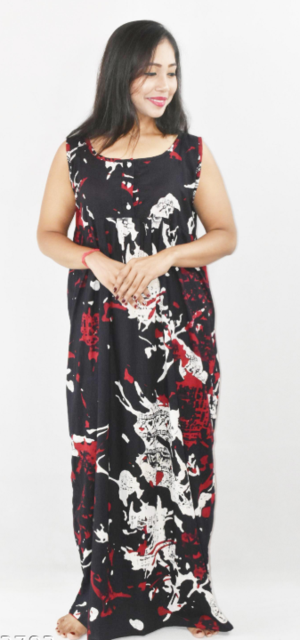 BDROX Black Cotton Maxi Nighty Round Neck sleeveless With Button