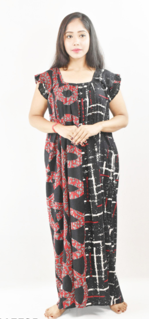 BDROX Black Maxi Nighty Square Neck Short Sleeves with pleats