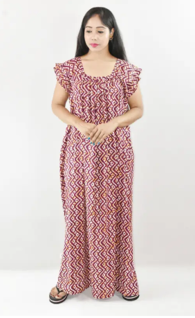 Bdrox Cotton Maroon Maxi Nighty Square Neck Short Sleeves with pleats