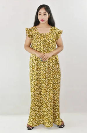 Bdrox Cotton Green Maxi Nighty Square Neck Short Sleeves with pleats