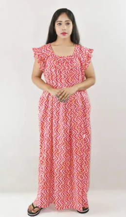 Bdrox Cotton Pink Maxi Nighty Square Neck Short Sleeves with pleats