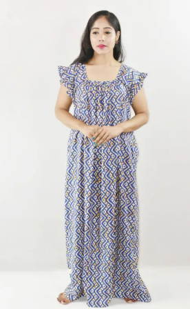 Bdrox Cotton Blue Maxi Nighty Square Neck Short Sleeves with pleats