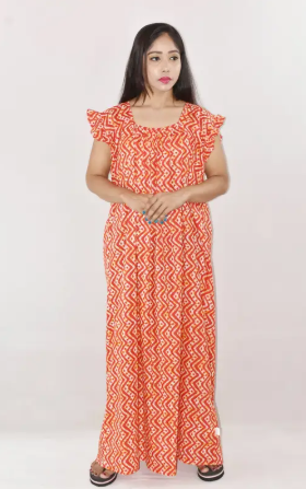 Bdrox Cotton Red Maxi Nighty Square Neck Short Sleeves with pleats