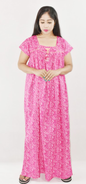 Bdrox Cotton Pink Maxi Nighty Square Neck Short Sleeves with Pipien