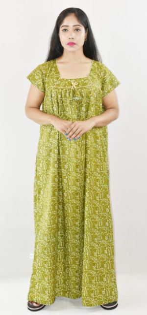 Bdrox Cotton Green Maxi Nighty Square Neck Short Sleeves with Pipien