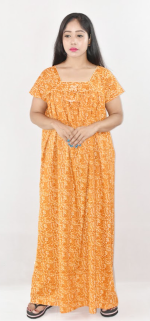 Bdrox Cotton Yellow Maxi Nighty Square Neck Short Sleeves with Pipien