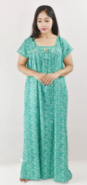 Bdrox Cotton Blue Maxi Nighty Square Neck Short Sleeves with Pipien