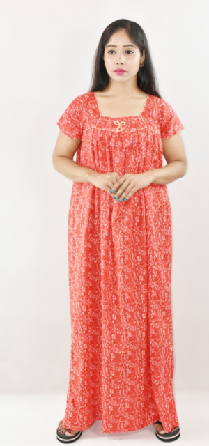 Bdrox Cotton REd Maxi Nighty Square Neck Short Sleeves with Pipien