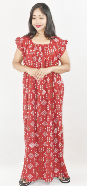 Bdrox Cotton Red Maxi Nighty Square Neck Short Sleeves with pleats