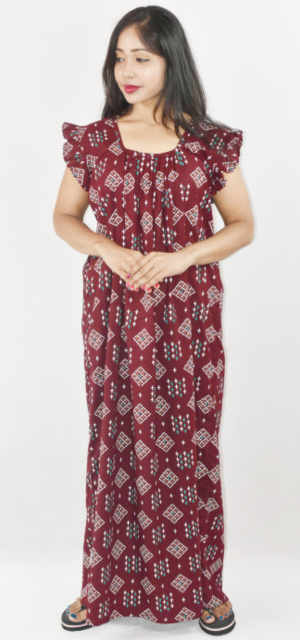 Bdrox Cotton Green Maxi Nighty Square Neck Short Sleeves with pleats