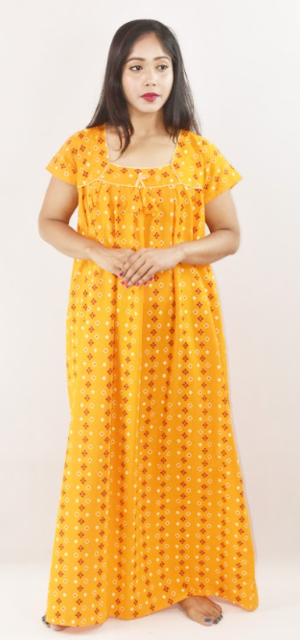Yellow Cotton Maroon Maxi Nighty Square Neck Short Sleeves with pleats
