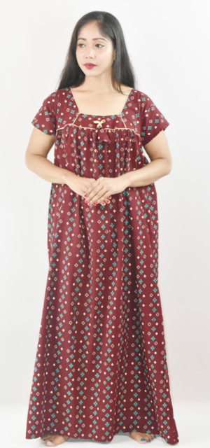 Bdrox Cotton Maroon Maxi Nighty Square Neck Short Sleeves with Pipien