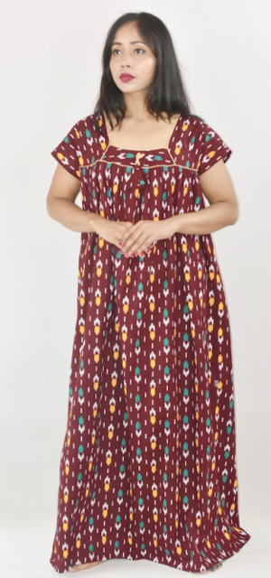 Bdrox Cotton Maroon Maxi Nighty Square Neck Short Sleeves with Pipien