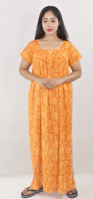 Yellow Red Cotton Maxi Nighty Square Neck Short Sleeves with Pipien