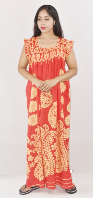 Bdrox Cotton Red Maxi Nighty Square Neck Short Sleeves with pleats