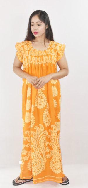 Yellow Cotton Red Maxi Nighty Square Neck Short Sleeves with pleats