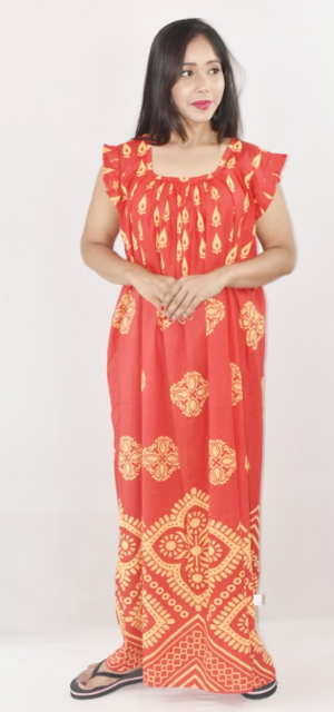 Bdrox Cotton Red Maxi Nighty Square Neck Short Sleeves with pleats