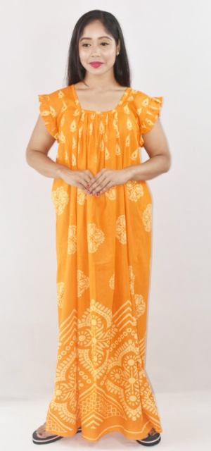 Yellow Cotton Red Maxi Nighty Square Neck Short Sleeves with pleats