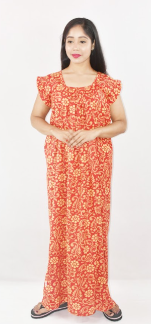 Bdrox Cotton Red Maxi Nighty Square Neck Short Sleeves with pleats