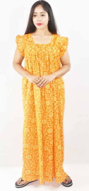 Yellow Cotton Red Maxi Nighty Square Neck Short Sleeves with pleats