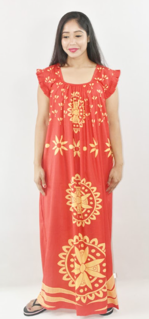 Bdrox Cotton Red Maxi Nighty Square Neck Short Sleeves with pleats