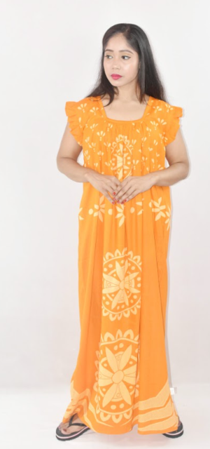 Yellow Cotton Red Maxi Nighty Square Neck Short Sleeves with pleats