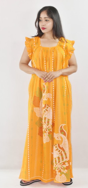 YELLOW Cotton Maxi Nighty Square Neck Short Sleeves with pleats