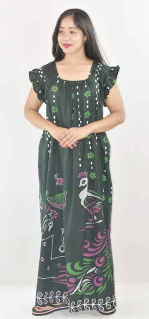 BDROX Green Cotton Maxi Nighty Square Neck Short Sleeves with pleats