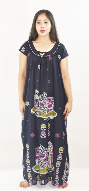 BDROX Blue Cotton Maxi Nighty Round Neck Short Sleeves with Pipien