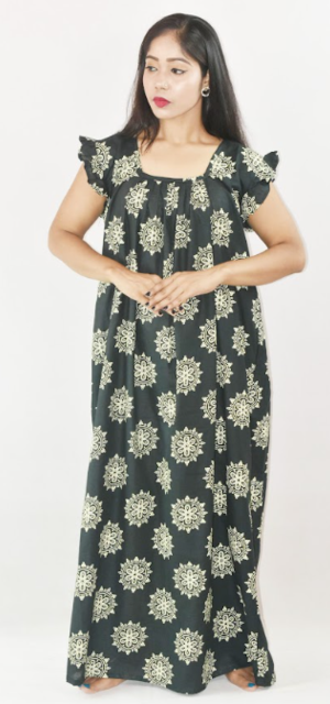 BDROX Green Cotton Maxi Nighty Square Neck Short Sleeves with pleats