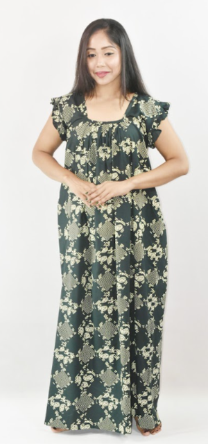 BDROX Green Cotton Maxi Nighty Square Neck Short Sleeves with pleats