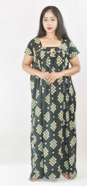 BDROX Green Cotton Maxi Nighty Square Neck Short Sleeves with Pipien
