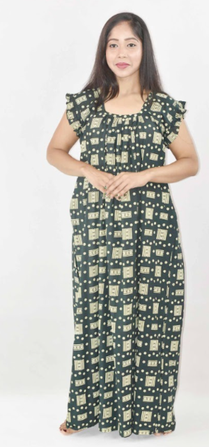 BDROX Green Cotton Maxi Nighty Square Neck Short Sleeves with pleats