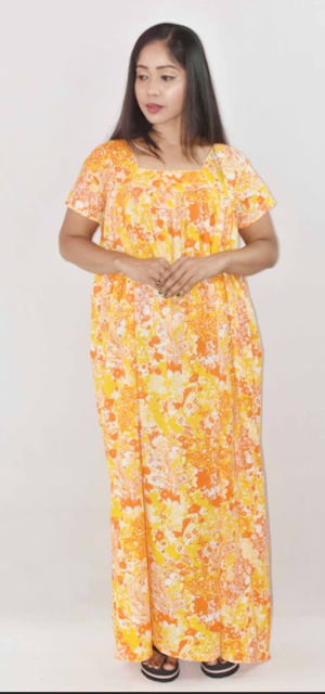 Yellow Cotton Maxi Nighty Square Neck Short Sleeves with Pipien