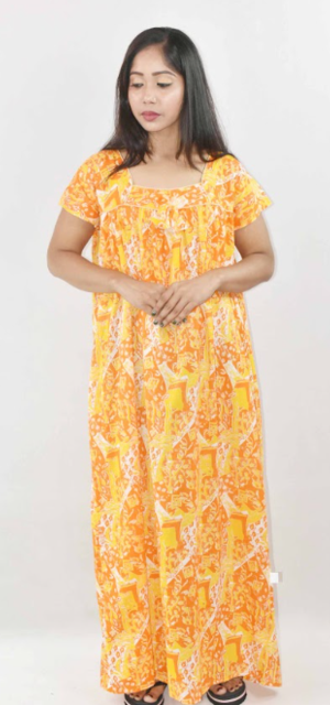 Yellow Cotton Maxi Nighty Square Neck Short Sleeves with Pipien