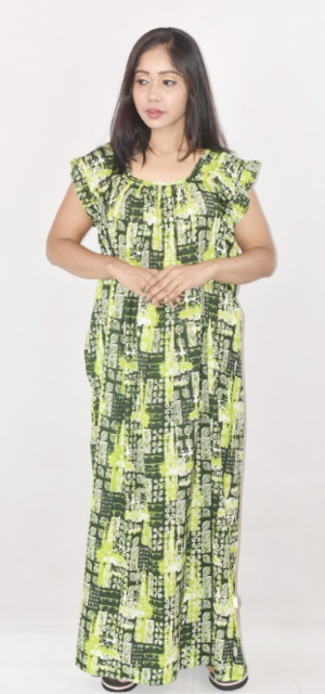 BDROX Green Cotton Maxi Nighty Square Neck Short Sleeves with pleats